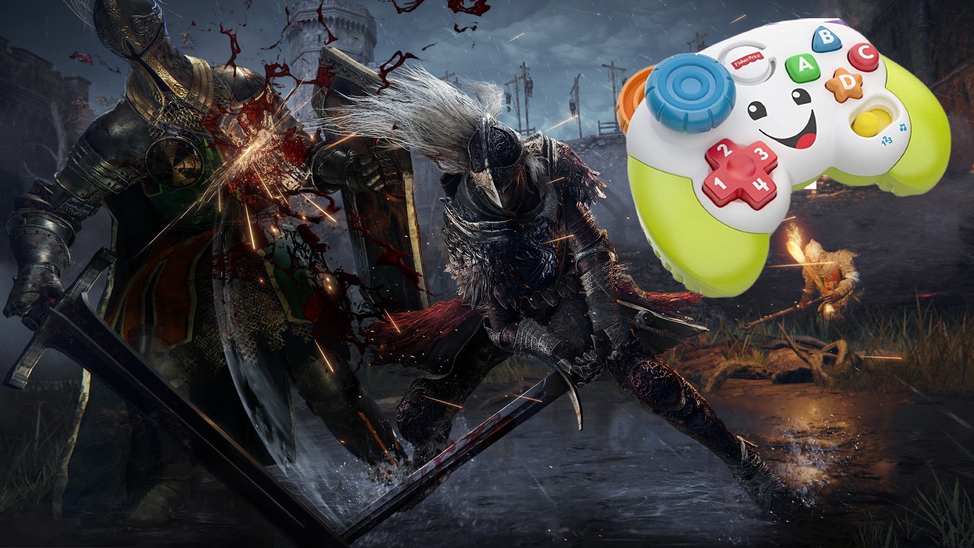 Modder turns Fisher Price controller into an Xbox controller, then proceeds to play Elden Ring